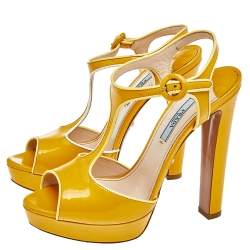 Pre Owned Prada Yellow Patent Leather T-Strap Platform Sandals Size 37.5