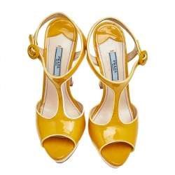 Pre Owned Prada Yellow Patent Leather T-Strap Platform Sandals Size 37.5
