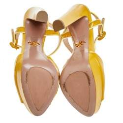 Pre Owned Prada Yellow Patent Leather T-Strap Platform Sandals Size 37.5