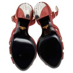 Pre Owned Prada Brown Suede Crystal Heel Ankle Strap Sandals Size 38