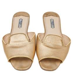 Pre Owned Prada Gold Saffiano Leather Flat Slides Size 41