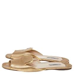 Pre Owned Prada Gold Saffiano Leather Flat Slides Size 41