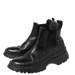 Pre Owned Prada Black Leather and Elastic Ankle Boots Size 37.5