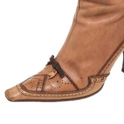 Pre Owned Prada Tan Brogue Leather Square Toe Mid Calf Boot Size 36.5