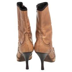 Pre Owned Prada Tan Brogue Leather Square Toe Mid Calf Boot Size 36.5