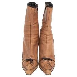 Pre Owned Prada Tan Brogue Leather Square Toe Mid Calf Boot Size 36.5