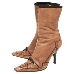 Pre Owned Prada Tan Brogue Leather Square Toe Mid Calf Boot Size 36.5