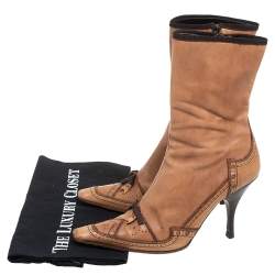 Pre Owned Prada Tan Brogue Leather Square Toe Mid Calf Boot Size 36.5