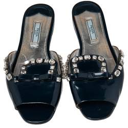 Pre Owned Prada Navy Blue Patent Leather Crystal And Bow Embellished Flat Slides Size 39