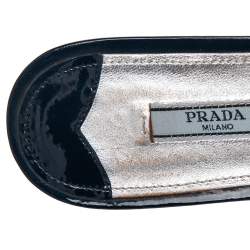 Pre Owned Prada Navy Blue Patent Leather Crystal And Bow Embellished Flat Slides Size 39