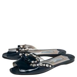 Pre Owned Prada Navy Blue Patent Leather Crystal And Bow Embellished Flat Slides Size 39
