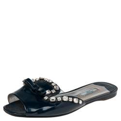 Pre Owned Prada Navy Blue Patent Leather Crystal And Bow Embellished Flat Slides Size 39