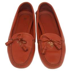 Prada Orange Leather Bow Slip On Loafers Size 35.5