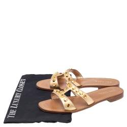 Pre Owned Prada Metallic Gold Leather Studded Flat Slide Size 38.5