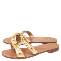 Pre Owned Prada Metallic Gold Leather Studded Flat Slide Size 38.5