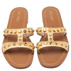 Pre Owned Prada Metallic Gold Leather Studded Flat Slide Size 38.5