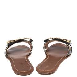 Pre Owned Prada Black Patent Leather Crystal And Bow Embellished Flat Slides Size 38