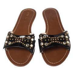 Pre Owned Prada Black Patent Leather Crystal And Bow Embellished Flat Slides Size 38