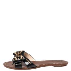 Pre Owned Prada Black Patent Leather Crystal And Bow Embellished Flat Slides Size 38