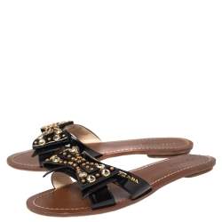 Pre Owned Prada Black Patent Leather Crystal And Bow Embellished Flat Slides Size 38