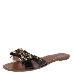 Pre Owned Prada Black Patent Leather Crystal And Bow Embellished Flat Slides Size 38