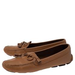 Pre Owned Prada Tan Saffiano Leather Bow Loafers Size 38.5