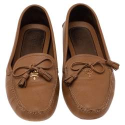 Pre Owned Prada Tan Saffiano Leather Bow Loafers Size 38.5