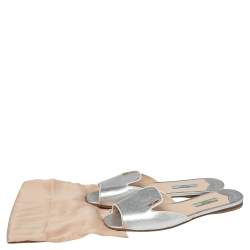 Pre Owned Prada Silver Saffiano Leather Slide Flats Size 37.5