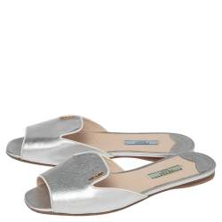 Pre Owned Prada Silver Saffiano Leather Slide Flats Size 37.5