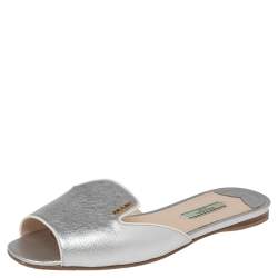 Pre Owned Prada Silver Saffiano Leather Slide Flats Size 37.5