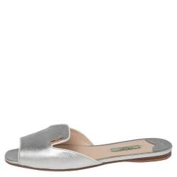 Pre Owned Prada Silver Saffiano Leather Slide Flats Size 37.5