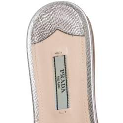 Pre Owned Prada Silver Saffiano Leather Slide Flats Size 37.5