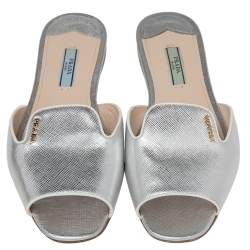 Pre Owned Prada Silver Saffiano Leather Slide Flats Size 37.5