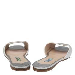 Pre Owned Prada Silver Saffiano Leather Slide Flats Size 37.5