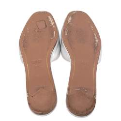 Pre Owned Prada Silver Saffiano Leather Slide Flats Size 37.5