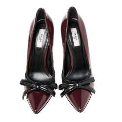 Pre Owned Prada Burgundy Patent Pointed Toe Bow Pumps Size 36