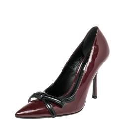 Pre Owned Prada Burgundy Patent Pointed Toe Bow Pumps Size 36