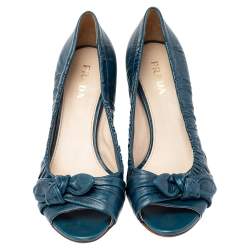 Pre Owned Prada Teal Blue Leather Bow Peep Toe Pumps Size 38