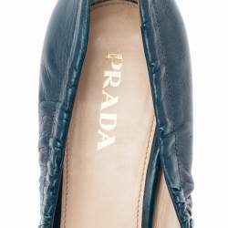 Pre Owned Prada Teal Blue Leather Bow Peep Toe Pumps Size 38