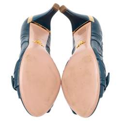 Pre Owned Prada Teal Blue Leather Bow Peep Toe Pumps Size 38