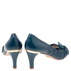 Pre Owned Prada Teal Blue Leather Bow Peep Toe Pumps Size 38