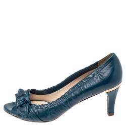 Pre Owned Prada Teal Blue Leather Bow Peep Toe Pumps Size 38