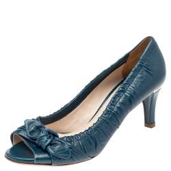 Pre Owned Prada Teal Blue Leather Bow Peep Toe Pumps Size 38