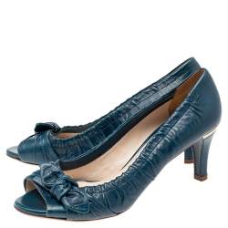 Pre Owned Prada Teal Blue Leather Bow Peep Toe Pumps Size 38