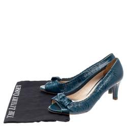 Pre Owned Prada Teal Blue Leather Bow Peep Toe Pumps Size 38