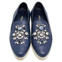 Pre Owned Prada Blue Leather Embellished Slip On Sneakers Size 38.5