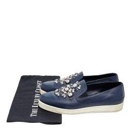 Pre Owned Prada Blue Leather Embellished Slip On Sneakers Size 38.5