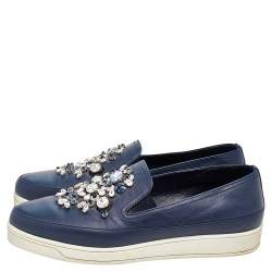 Pre Owned Prada Blue Leather Embellished Slip On Sneakers Size 38.5