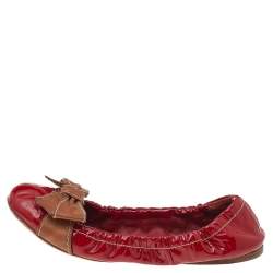 Prada Red/Brown Patent Leather Bow Scrunch Ballet Flats Size 38