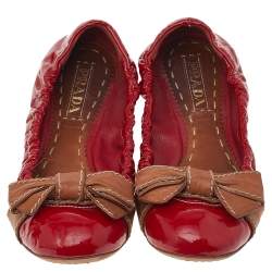 Prada Red/Brown Patent Leather Bow Scrunch Ballet Flats Size 38